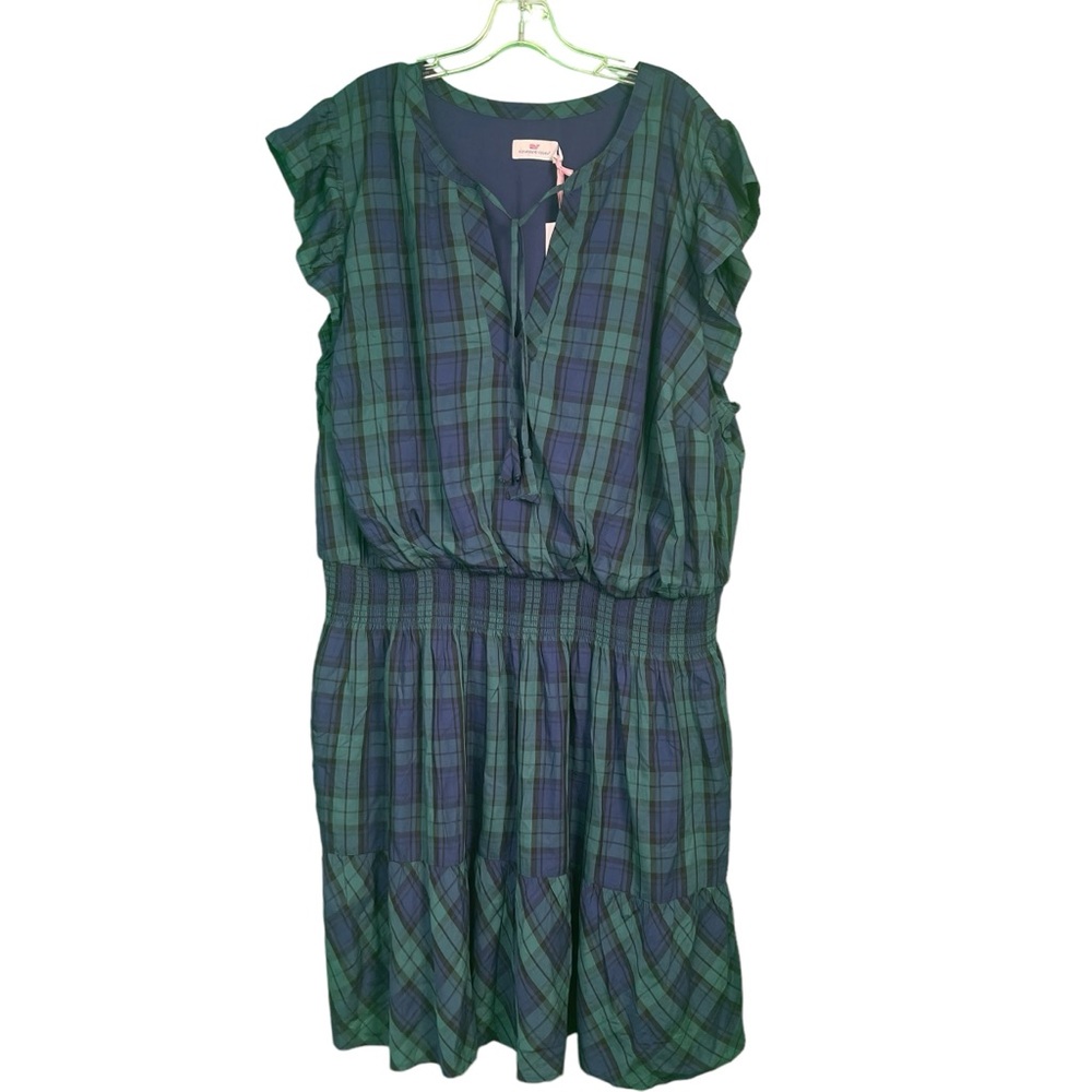 Vineyard Vines NWT Blackwatch Smocked Plaid Ruffle Dress Charleston Green 2XL - Picture 2 of 7
